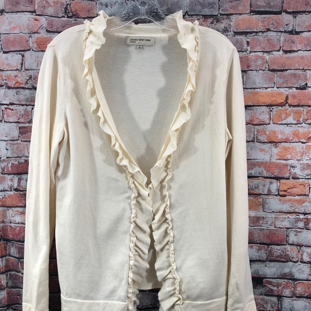 Jones New York Cream Cardigan Ruffle Trim